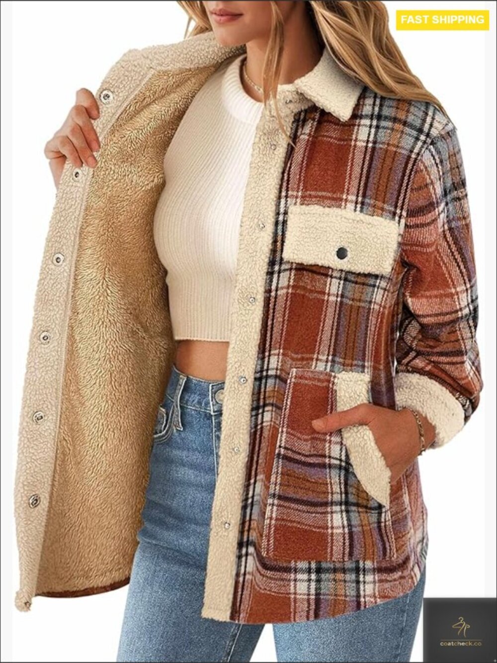 Fleece Lined Plaid Shacket Button Down Oversized Warm Winter Coat